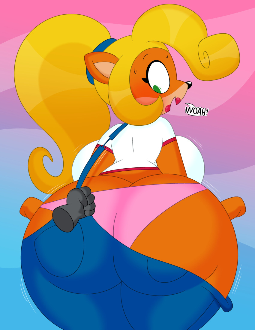 2022 3barts 4k abstract_background absurd_res activision anthro bandicoot big_breasts big_butt blonde_hair blush bodily_fluids bouncing_butt breasts bubble_butt butt butt_cleavage butt_focus butt_jiggle clothing coco_bandicoot crash_bandicoot_(series) curvaceous curvy_figure digital_drawing_(artwork) digital_media_(artwork) disembodied_hand eyelashes female fur green_eyes hair hi_res hourglass_figure huge_breasts huge_butt jiggling lipstick long_hair looking_back makeup mammal marsupial motion_lines multicolored_body multicolored_fur open_mouth orange_body orange_fur overalls panties ponytail rear_view red_lipstick simple_background small_waist smile solo sweat tan_body tan_fur thick_thighs two_tone_body two_tone_fur underwear undressing voluptuous wide_hips