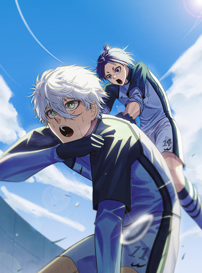2boys :o bangs blue_eyes blue_lock blue_sky green_eyes hair_between_eyes highres kou_uuu looking_at_another looking_away mikage_reo multicolored_clothes multiple_boys nagi_seishirou open_mouth purple_hair shirt short_hair shorts sky soccer_uniform sportswear sweat touching_another's_back white_hair