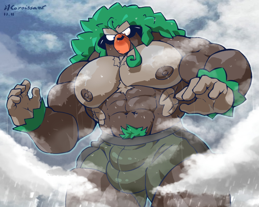 abs aircraft airplane anthro biceps big_muscles boxers_(clothing) bulge clothing cloud generation_8_pokemon green_boxers green_clothing green_hair green_pubes green_underwear grey_body grey_skin hair hi_res huge_muscles huge_pecs humanoid macro male muscular muscular_humanoid muscular_male navel nintendo oinu_kori pecs pokemon pokemon_(species) pubes raining rillaboom size_transformation sky solo transformation underwear