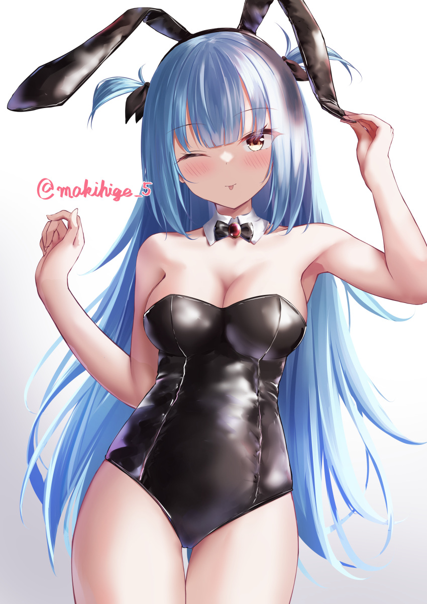 1girl ;p absurdres alternate_costume animal_ears armpits azur_lane bare_legs bare_shoulders black_bow black_leotard black_ribbon blue_hair blush bow bowtie breasts cleavage commentary_request cowboy_shot detached_collar ear_pull fake_animal_ears hair_ribbon hands_up highres hip_focus leotard long_hair makihige medium_breasts neptune_(azur_lane) one_eye_closed pulled_by_self rabbit_ears ribbon signature simple_background skin_tight solo standing thigh_gap thighs tongue tongue_out very_long_hair yellow_eyes