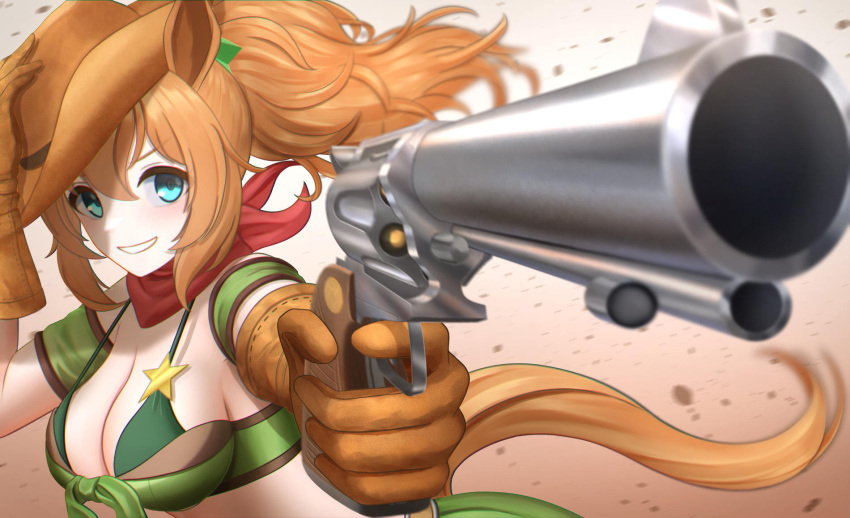 1girl animal_ears bandana bandeau bangs bare_shoulders bikini bikini_under_clothes blue_eyes brown_hair brown_headwear commentary detached_sleeves floating_hair foreshortening grin gun highres holding holding_gun holding_weapon horse_ears itsuki_toiro long_hair looking_at_viewer midriff ponytail revolver short_sleeves smile solo star_(symbol) swimsuit taiki_shuttle_(umamusume) umamusume upper_body weapon