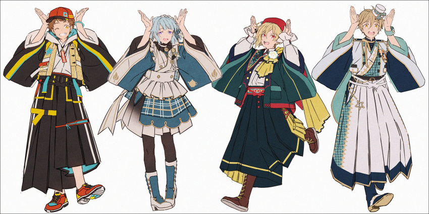 4boys adapted_costume apron badge baseball_cap belt black_hakama black_jacket blonde_hair blue_hair blue_kimono brown_hair bunny_pose ensemble_stars! green_hakama green_jacket grin hakama hakama_pants hakusai_(tiahszld) haori hat highres jacket japanese_clothes kimono looking_at_viewer male_focus mashiro_tomoya multiple_boys nito_nazuna one_eye_closed open_mouth pants purple_eyes rabbits_(ensemble_stars!) red_eyes red_headwear sash shino_hajime single_wrist_cuff smile star_ornament tag tenma_mitsuru white_hakama white_kimono wrist_cuffs yellow_eyes