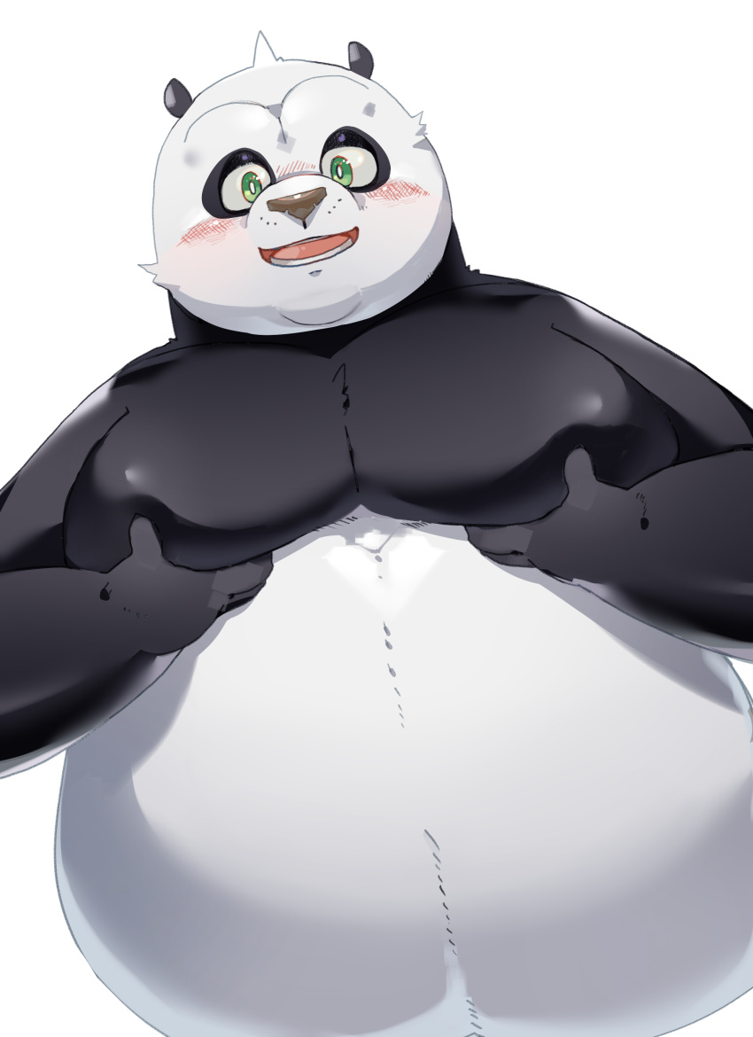 2023 absurd_res anthro bear belly big_belly black_body black_nose blush dreamworks giant_panda green_eyes hi_res humanoid_hands kemono kung_fu_panda ma5ka4nai male mammal master_po_ping moobs overweight overweight_male simple_background solo white_background white_body