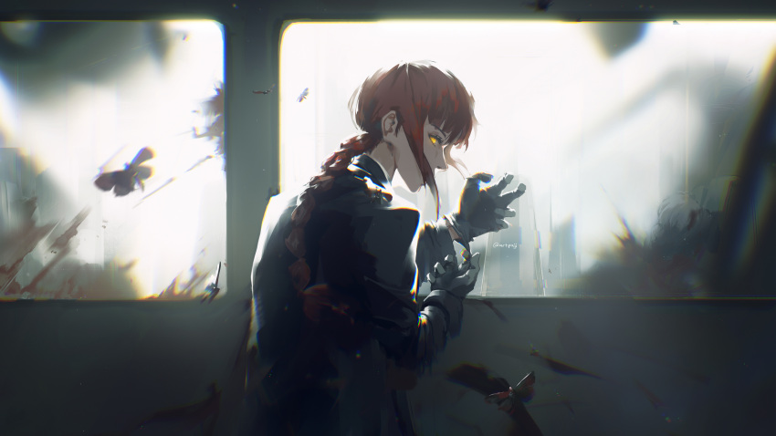 1girl absurdres artpaji black_coat blood blood_splatter blurry braid braided_ponytail chainsaw_man chromatic_aberration coat formal gloves hair_over_mouth highres looking_at_viewer looking_back makima_(chainsaw_man) medium_hair putting_on_gloves red_hair ringed_eyes sidelocks sideways_glance solo suit window yellow_eyes