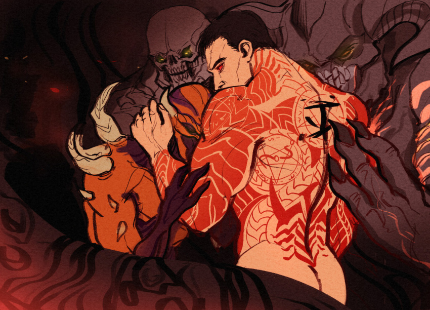 2020 baron_of_hell black_hair davoth_(doom) demon digital_drawing_(artwork) digital_media_(artwork) doom_(series) group hair hand_on_arm hand_on_back hell_knight human humanoid id_software imp_(doom) male mammal orange_body orange_skin red_eyes spikes spikes_(anatomy) tattoo teeth y-lindermann yellow_eyes