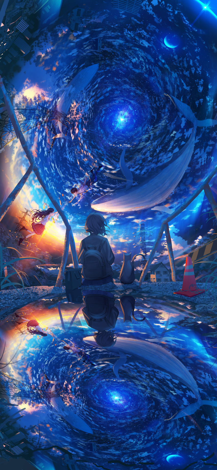 absurdres backpack bag blue_sky brown_hair cat city cityscape cone gravel highres house kenzo_093 looking_up moon orange_sky original people plant reflection reflective_water scenery short_hair sitting sky solo_focus star_(sky) star_(symbol) starry_sky sunset tower vortex whale
