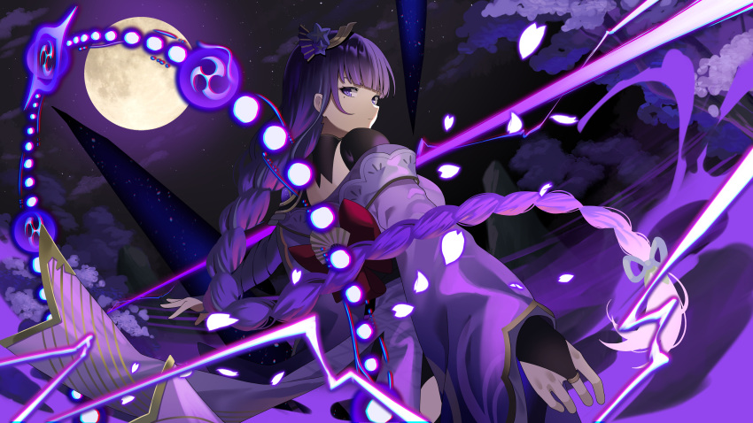 1girl absurdres braid bridal_gauntlets closed_mouth cloud commentary_request commission cowboy_shot from_behind full_moon genshin_impact highres japanese_clothes kimono lightning long_hair long_sleeves looking_at_viewer looking_back mitsudomoe_(shape) moon night off_shoulder pixiv_commission purple_eyes purple_hair purple_kimono raiden_shogun sideways_glance single_braid solo tomoe_(symbol) very_long_hair yuujin_(yuzinn333)