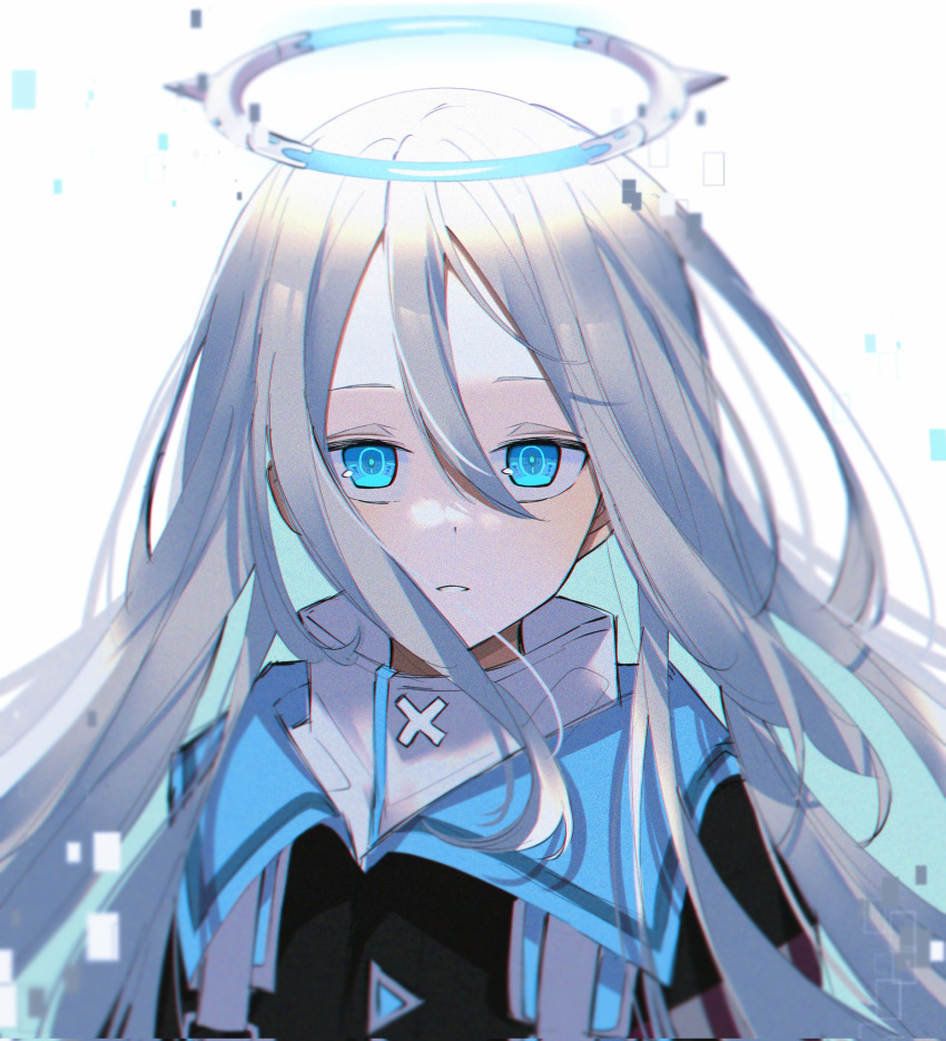 1girl black_jacket blue_eyes close_game/offline_(project_sekai) commentary digital_dissolve dress hair_between_eyes halo highres jacket long_hair looking_at_viewer mechanical_halo parted_lips project_sekai ritzchrono simple_background solo turtleneck_dress upper_body very_long_hair white_background white_dress white_hair yoisaki_kanade