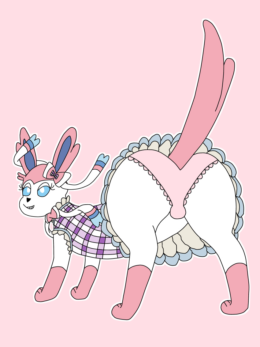absurd_res bulge butt checkered_style_sylveon clothed clothed_feral clothing dress eeveelution feral fur generation_6_pokemon girly hi_res holowear_(pokemon) leg_markings male markings narrowed_eyes nintendo onesaucdragon panties panties_on_feral pink_clothing pink_panties pink_tail pink_underwear pokemon pokemon_(species) pokemon_unite presenting ribbons smile socks_(marking) solo sylveon tail underwear white_body white_fur