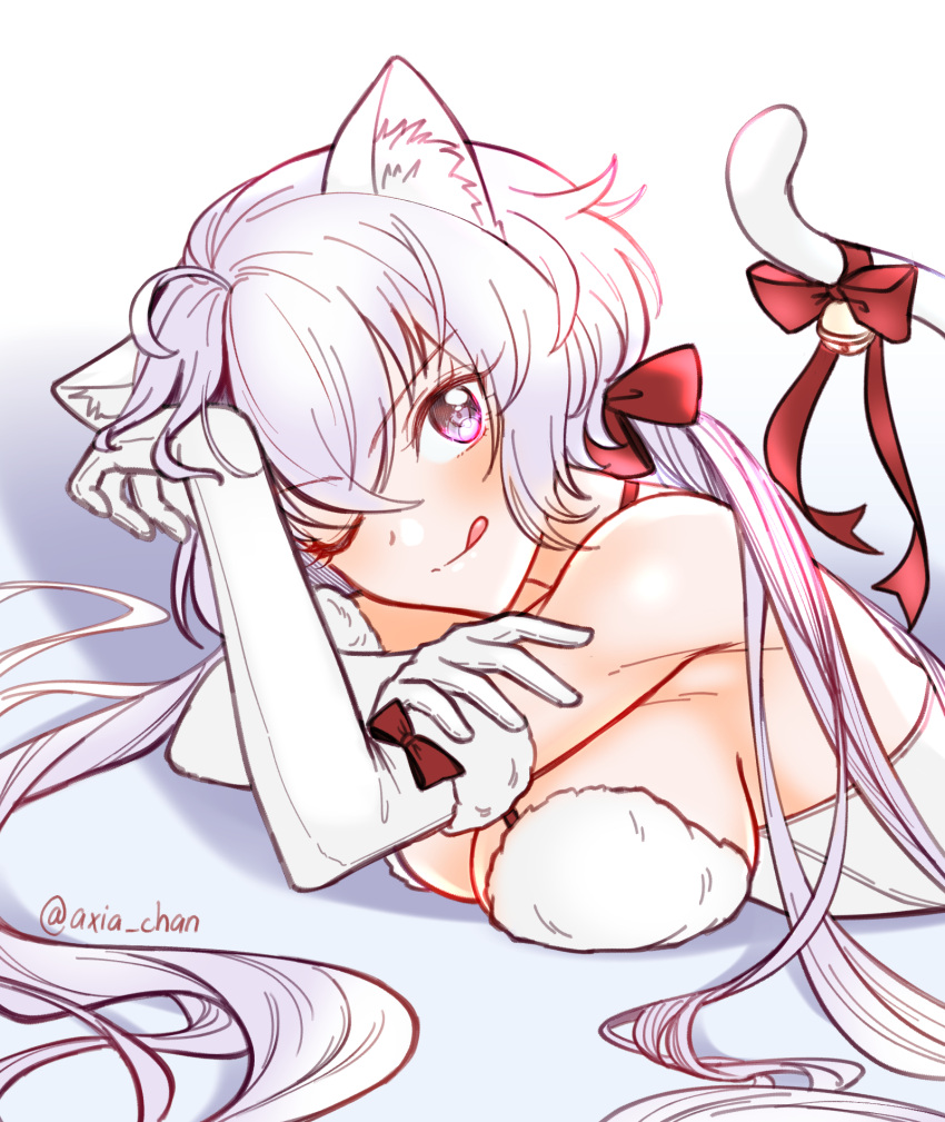 alternate_costume animal_ears axia-chan breasts cat_ears cat_tail cleavage closed_mouth elbow_gloves gloves grey_hair hair_ribbon highres large_breasts long_hair lying on_stomach one_eye_closed purple_eyes red_ribbon ribbon senki_zesshou_symphogear tail tail_ornament tail_ribbon tongue tongue_out twintails twitter_username white_gloves yukine_chris