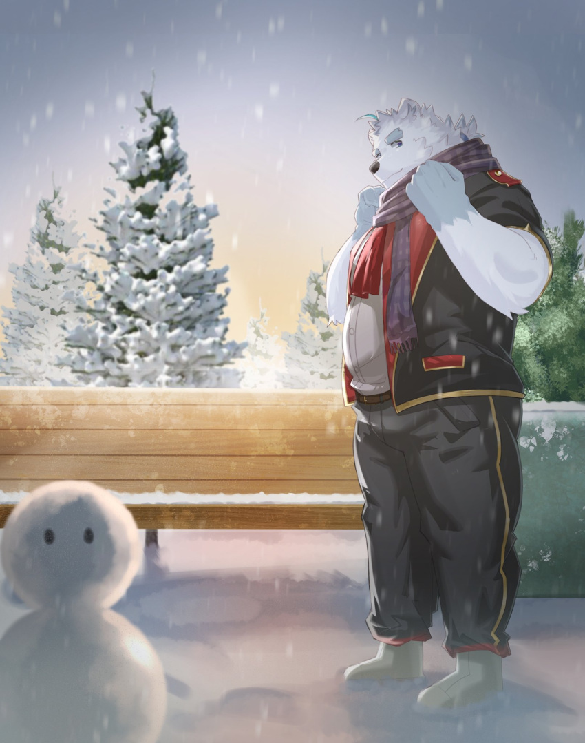 2023 anthro bear bench bottomwear clothing detailed_background hi_res humanoid_hands kemono knights_college male mammal muxiong233 outside pants paul_(knights_college) plant polar_bear scarf shirt snow snowing snowman solo topwear tree ursine visual_novel white_body winter