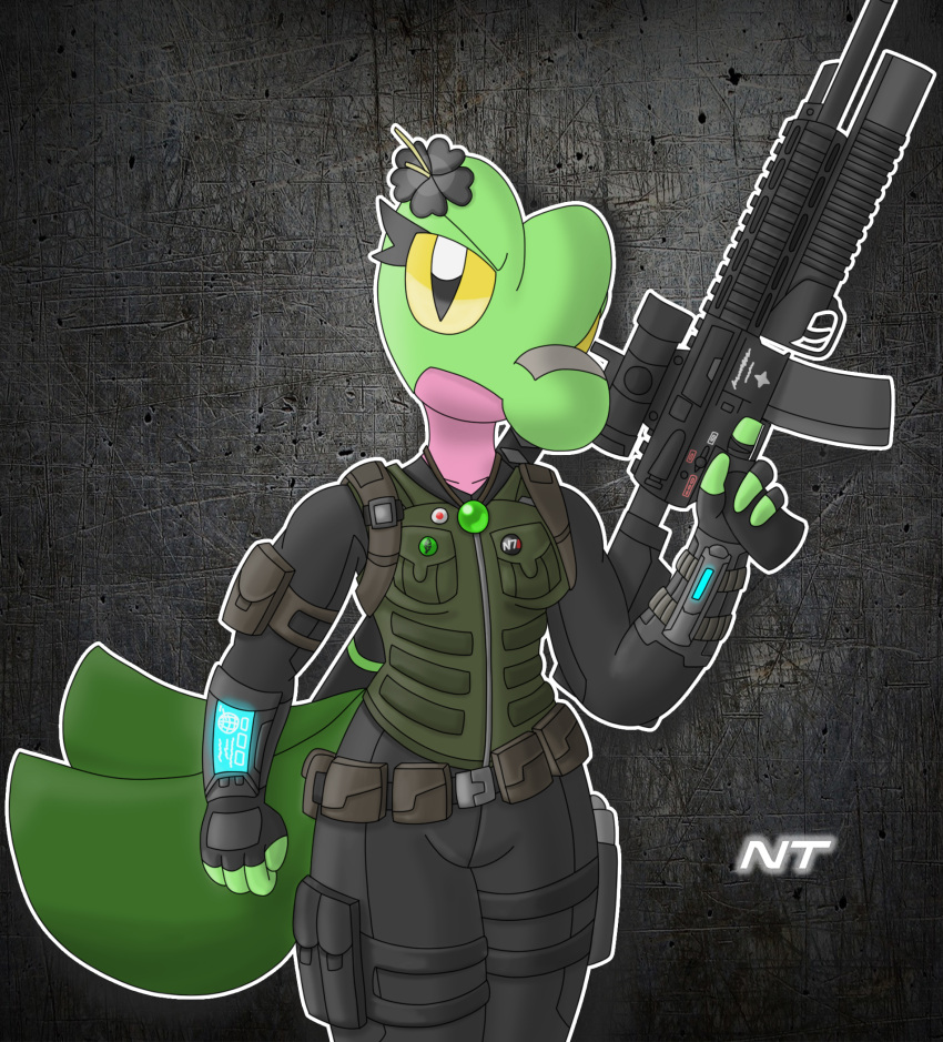 anthro assault_rifle belt black_clothing bulletproof_vest clothed clothing confident eyelashes female fern_shinamori flower flower_accessory flower_on_head fully_clothed generation_3_pokemon green_body green_clothing green_tail green_topwear green_vest grenade_launcher gun hi_res holding_gun holding_object holding_weapon holster jewelry looking_at_viewer necklace ninjatreecko nintendo nose_bandage plant pokemon pokemon_(species) pokemorph pouches ranged_weapon reptile rifle scalie shaded solo stealth_suit tagme tail topwear treecko utility_belt vest walking weapon weapon_on_back yellow_eyes