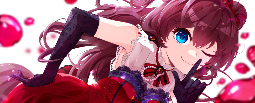 1girl animal_ears bangs blue_eyes blurry blurry_background bow breasts brooch brown_hair closed_mouth dress elbow_gloves gloves hair_bow highres ichinose_shiki idolmaster idolmaster_cinderella_girls jewelry long_hair looking_at_viewer medium_breasts nasan_(coldtime) one_eye_closed purple_gloves red_dress shirt sleeveless sleeveless_shirt smile white_shirt