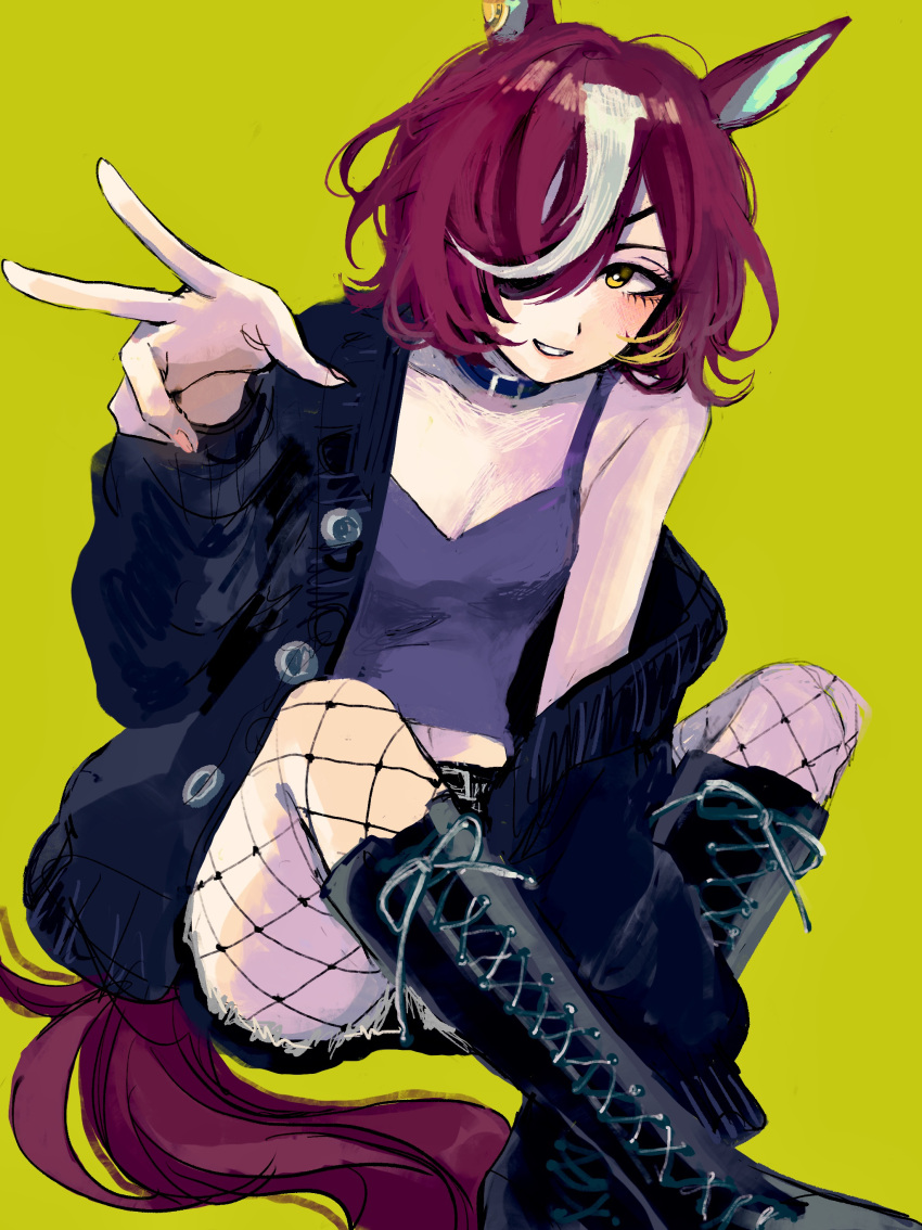 1girl absurdres animal_ears bangs black_footwear black_jacket boots breasts cleavage collar cross-laced_footwear cutoffs eyepatch fishnet_pantyhose fishnets highres horse_ears horse_girl horse_tail jacket lace-up_boots long_sleeves midriff multicolored_hair navel off_shoulder open_mouth pantyhose purple_hair purple_shirt shirt short_hair shorts simple_background small_breasts smile solo streaked_hair subaru_(user_tmwv7722) tail tanino_gimlet_(umamusume) tank_top teeth umamusume v yellow_background yellow_eyes