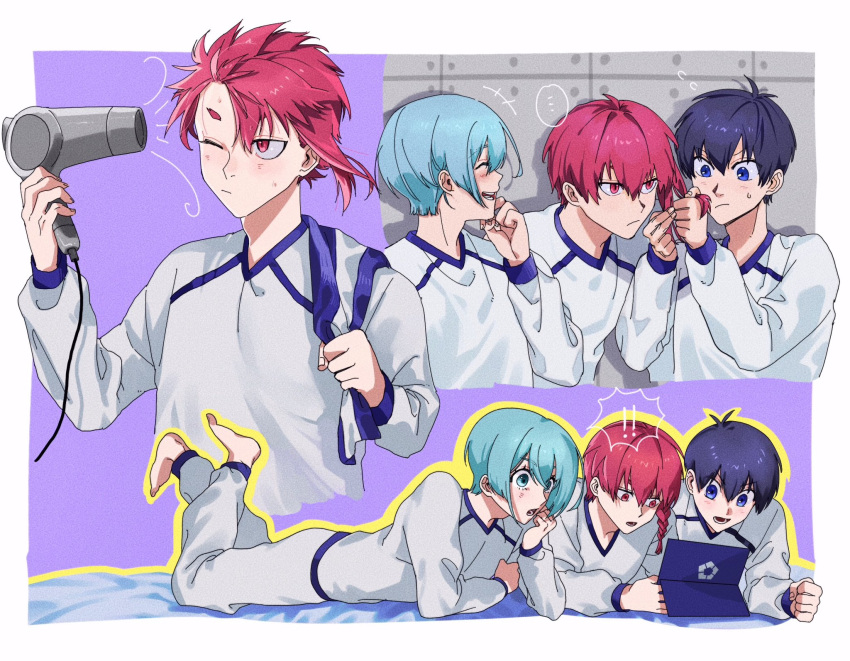 ! !! 3boys black_hair blue_eyes blue_hair blue_lock blue_tkse blush braid closed_eyes closed_mouth commentary_request drying drying_hair frown full_body hair_dryer hairdressing head_rest highres holding holding_another's_hair holding_hair_dryer isagi_yoichi kurona_ranze long_sleeves looking_at_another lying male_focus multiple_boys multiple_views on_stomach one_eye_closed open_mouth pants red_eyes red_hair shirt short_hair single_braid smile tablet_pc towel_on_one_shoulder white_pants white_shirt you_hiori