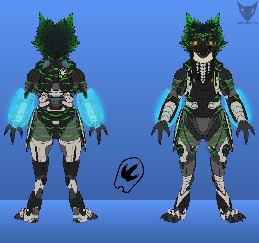2020 3_fingers 3_toes absurd_res alien alien_humanoid anthro armor avian beak body_armor claws clothed clothing colored cuirass cuisse digitigrade energy_shield fangs feather_hair feathered_crest feathers feet female finger_claws fingers flat_colors front_view glowing glowing_eyes green_body green_feathers grey_body grey_skin halo_(series) head_crest headgear helmet hi_res humanoid katzenoms kig-yar microsoft model_sheet pseudo_hair rear_view scalie simple_background solo standing striped_body stripes t'vaoan teeth toe_claws toes vambraces xbox_game_studios yellow_eyes