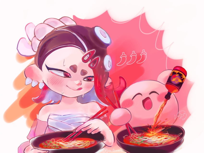 1girl blush chest_sarashi chopsticks closed_eyes closed_mouth commentary_request crossover ear_piercing food highres hot_sauce kirby kirby:_star_allies kirby_(series) licking_lips noodles open_mouth pepper piercing pouring red_eyes sarashi shiver_(splatoon) signature smile soup splatoon_(series) splatoon_3 sweat tentacle_hair tongue tongue_out twitter_username upper_body watermark yu_0omaru