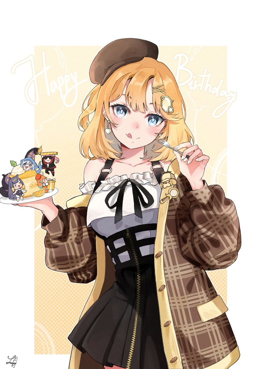 5girls :p absurdres bare_shoulders black_skirt blonde_hair blue_eyes bob_cut brown_coat brown_headwear cake cake_slice coat commentary cropped_legs earrings english_commentary english_text food fork frills hair_ornament hairclip happy_birthday heart heart_earrings highres holding holding_fork holding_plate hololive hololive_english holomyth jewelry lucferz monocle_hair_ornament multiple_girls off-shoulder_coat off_shoulder official_alternate_costume open_clothes open_coat plate shirt short_hair skirt smol_calli smol_gura smol_ina smol_kiara standing tongue tongue_out virtual_youtuber watson_amelia white_shirt zipper zipper_pull_tab