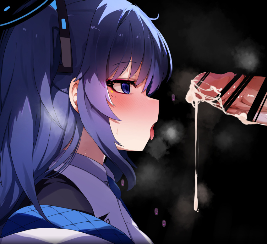 1boy 1girl bar_censor black_background blue_archive blue_eyes blush censored collared_shirt cum_on_penis erection from_side halo hetero highres jacket long_hair looking_at_penis open_mouth penis purple_hair rai_(sakuranbo_sugar) shirt simple_background solo_focus tongue tongue_out two_side_up white_jacket yuuka_(blue_archive)