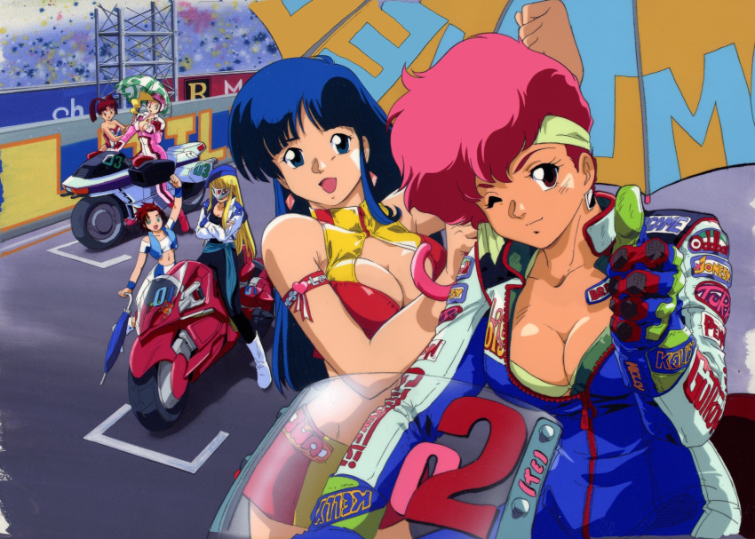 6+girls antenna_hair bangs black_pants black_shirt blonde_hair blue_bodysuit blue_eyes blue_hair blue_vest bodysuit boots bra breasts brown_hair cleavage cleavage_cutout clothing_cutout collarbone company_connection crop_top cropped_shirt crossed_arms crossover dark-skinned_female dark_skin dirty_pair dokite_tsukasa earrings eris_willamette gear_senshi_dendou green_eyes ground_vehicle hair_behind_ear headband helmet highres holding holding_umbrella japanese_clothes jewelry kei_(dirty_pair) long_hair mask medium_breasts midriff motor_vehicle motorcycle multiple_crossover multiple_girls navel necklace open_mouth pants pink_headwear racing_suit red_eyes red_hair red_skirt retro_artstyle shirt short_hair sitting skirt smile sunrise_(company) swan_white two-tone_skirt umbrella underwear utsugi_mikoto vega_(dendoh) vest white_footwear white_shirt yellow_bra yellow_headband yellow_skirt yuri_(dirty_pair) yuusha_ou_gaogaigar yuusha_series