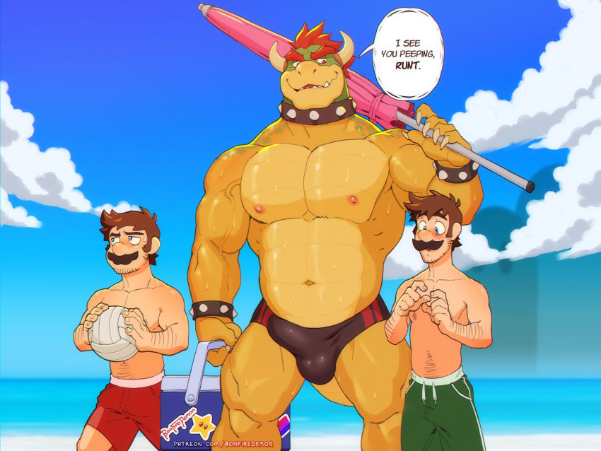 2023 abs anthro ball barazoku beach biceps big_bulge big_muscles bisexual_pride_colors blush bodily_fluids bonfiredemon bowser bracelet bulge claws clothed clothing cloud collar cooler day detailed_bulge dialogue english_text erection erection_under_clothing eyebrows facial_hair flustered glistening glistening_body group hair hi_res holding_object horn huge_bulge huge_muscles human jewelry koopa larger_anthro lgbt_pride looking_at_another looking_at_bulge looking_away luigi male mammal mario mario_bros muscular muscular_anthro muscular_male mustache narrowed_eyes navel nintendo nipples non-mammal_nipples obliques outside pecs pride_colors sand scalie seaside size_difference sky smaller_human speedo spiked_bracelet spiked_collar spikes standing sticker sweat swimming_trunks swimwear talking_to_another text thick_thighs topless topless_anthro topless_human topless_male trio umbrella vein volleyball_(ball) walking water