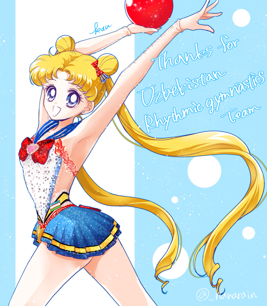 1girl adapted_costume armpits arms_up ball bishoujo_senshi_sailor_moon blonde_hair blue_eyes blue_sailor_collar blue_skirt bow bowtie cowboy_shot double_bun earrings floating_hair from_side grin hair_bow hair_bun highres holding holding_ball jewelry long_hair miniskirt pleated_skirt red_bow red_bowtie sailor_collar sailor_moon sarashina_kau shiny shiny_hair skirt smile solo standing tsukino_usagi twintails twitter_username very_long_hair