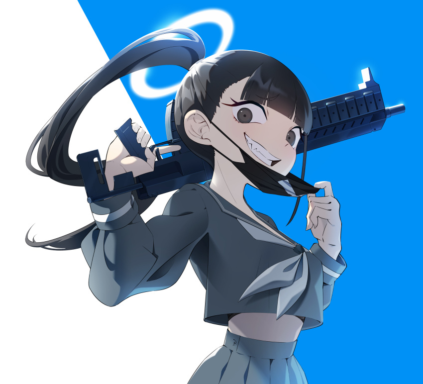 1girl absurdres bangs black_eyes black_hair blue_archive carrying_over_shoulder crop_top crop_top_overhang cropped_torso grey_shirt grey_skirt grin gun halo highres holding holding_gun holding_weapon long_hair long_sleeves looking_at_viewer mask mask_pull mouth_mask nasan_(coldtime) neckerchief open_mouth ponytail shirt skirt smile solo sukeban_(smg)_(blue_archive) surgical_mask weapon