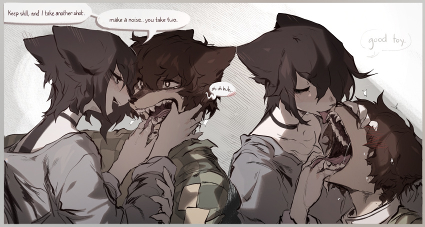 anthro blush brown_hair canid canine clothed clothing domestic_cat dominant dominant_female duo english_text eyes_closed felid feline felis female fireflufferz hair hand_in_mouth hi_res licking male mammal mouth_play open_mouth simple_background teeth text tongue tongue_out