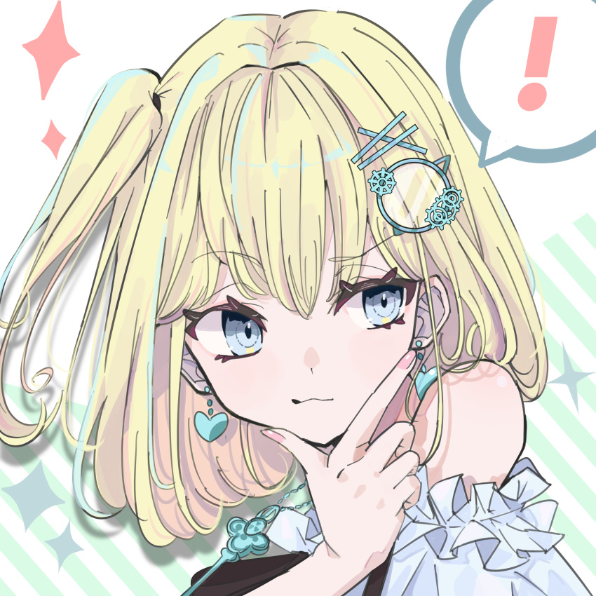 ! 1girl :3 absurdres bare_shoulders blonde_hair blue_eyes bob_cut commentary earrings frills hair_ornament hairclip hand_on_own_chin heart heart_earrings highres hololive hololive_english jewelry key_necklace looking_to_the_side monocle_hair_ornament necklace portrait short_hair solo speech_bubble star_(symbol) striped striped_background translated tsukitoinu virtual_youtuber watson_amelia