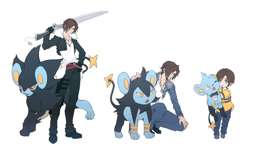 absurdres aged_down belt blue_eyes brown_hair commentary crossover final_fantasy final_fantasy_viii fur-trimmed_hood fur_trim gunblade hair_over_one_eye hand_on_hip highres hood jacket jewelry luxio luxray multiple_belts necklace one_knee pants pokemon shinx shirt short_hair soo_(sr00a2ht) squall_leonhart t-shirt weapon yellow_shirt