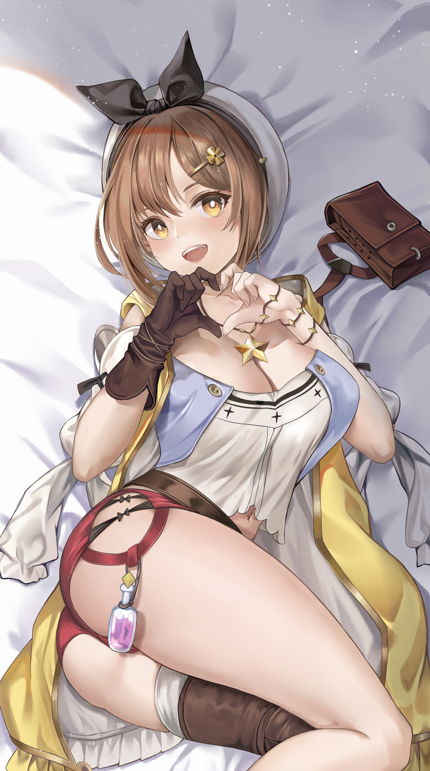 1girl absurdres atelier_(series) atelier_ryza atelier_ryza_1 bed braid breasts brown_hair cleavage hair_between_eyes hairband highres large_breasts looking_at_viewer lying on_bed open_mouth reisalin_stout short_hair smile teeth thick_thighs thighs upper_teeth_only yaomiaomiao yellow_eyes