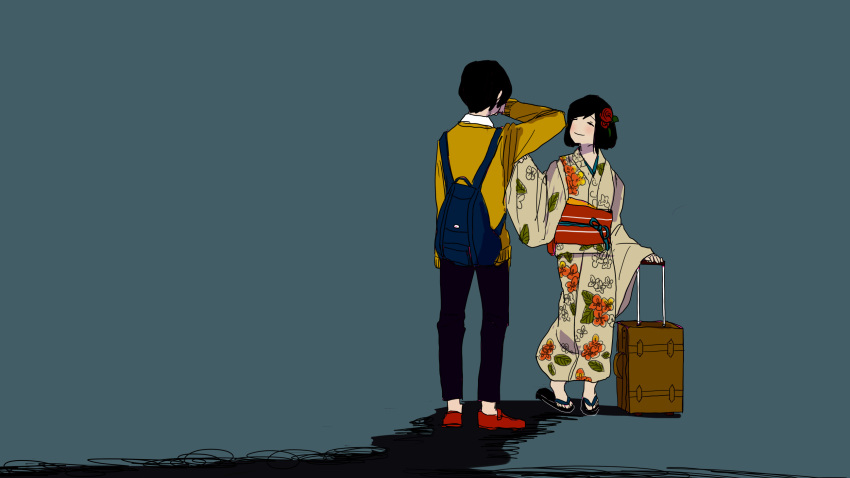 1boy 1girl asukan_(tm1330) backpack bag black_footwear black_hair black_pants blue_bag blue_ribbon brown_bag closed_eyes closed_mouth collared_shirt comforting commentary crying facing_another floral_print flower grey_background hair_flower hair_ornament highres holding holding_suitcase ikanaide_(vocaloid) japanese_clothes kimono leaf_print long_sleeves obi obijime original pale_skin pants print_kimono red_flower red_footwear red_rose red_sash ribbon rolling_suitcase rose sad sandals sash shirt short_hair smile standing suitcase sweater tears white_kimono white_shirt wide_shot wide_sleeves wiping_tears yellow_sweater