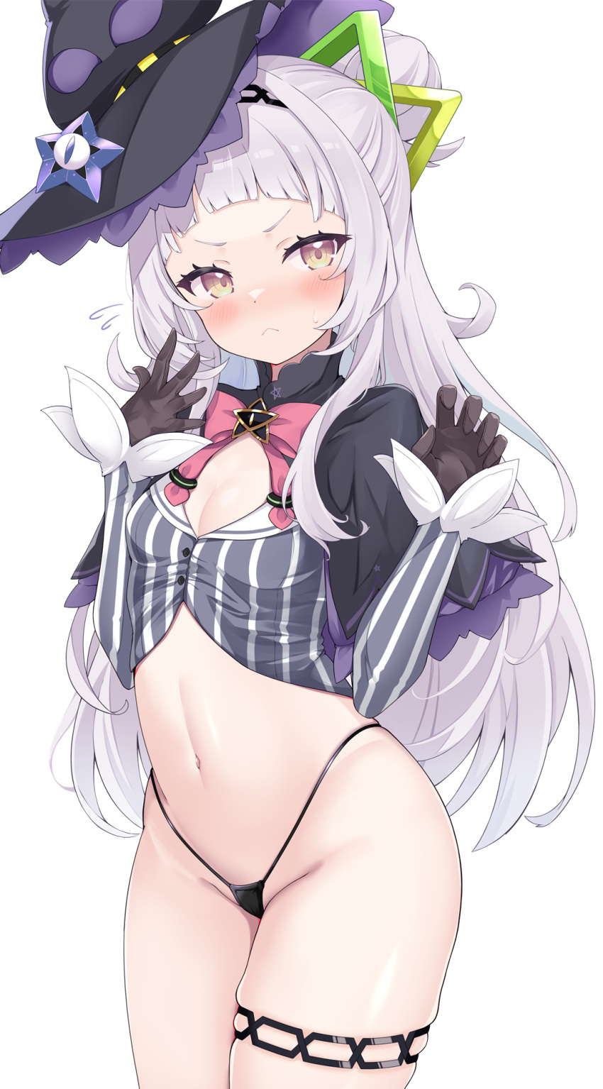 1girl bangs black_capelet black_panties blush breasts capelet cleavage closed_mouth cocozasa cowboy_shot crop_top frown gloves grey_hair hair_bun hair_ornament hands_up hat highres hololive long_hair long_sleeves looking_at_viewer murasaki_shion navel panties shirt simple_background small_breasts solo standing stomach striped striped_shirt thigh_strap underwear v-shaped_eyebrows vertical-striped_shirt vertical_stripes very_long_hair virtual_youtuber white_background witch_hat