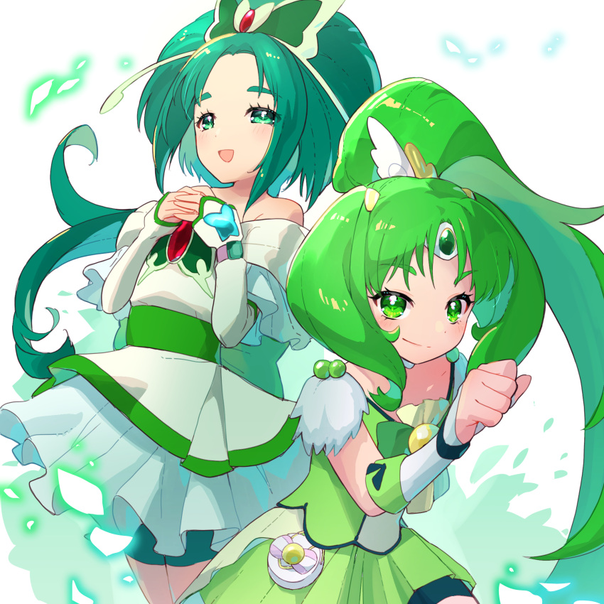 2girls akimoto_komachi amesafu bare_shoulders bike_shorts bike_shorts_under_skirt blush bug butterfly butterfly_brooch color_connection commentary_request cure_march cure_mint diadem earrings elbow_gloves eyelashes fingerless_gloves flower gloves green_eyes green_hair green_shorts green_skirt green_theme hair_flower hair_ornament happy highres jewelry long_hair looking_at_viewer magical_girl midorikawa_nao multiple_girls ponytail precure shorts shorts_under_skirt simple_background skirt smile smile_precure! two_side_up very_long_hair white_background yes!_precure_5