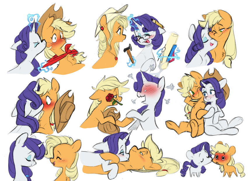 absurd_res alternate_hairstyle applejack_(mlp) blonde_hair blush clothing cowboy_hat cuddling doodle_dump doodlemark earth_pony equid equine eyewear female flower flower_in_mouth friendship_is_magic glasses graphite_(artwork) hair hasbro hat headgear headwear hi_res horn horse kissing mammal my_little_pony neckerchief pencil_(artwork) pencil_(object) pencil_behind_ear plant pony rarity_(mlp) rose_(flower) rose_in_mouth traditional_media_(artwork) unicorn