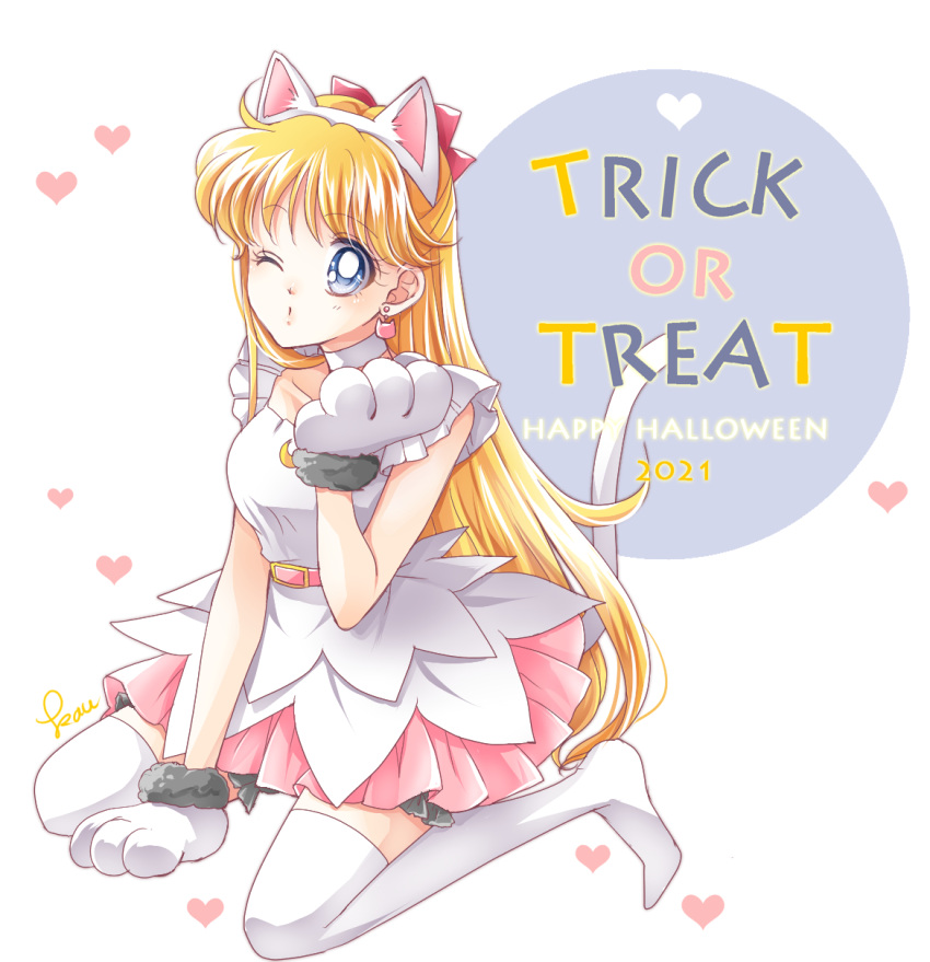 1girl 2021 aino_minako alternate_costume animal_ears animal_hands belt belt_buckle bishoujo_senshi_sailor_moon blonde_hair blue_eyes bow buckle cat_earrings cat_ears cat_tail choker collarbone fake_animal_ears full_body fur-trimmed_gloves fur_trim gloves hair_bow hairband halloween_costume happy_halloween highres kneeling long_hair miniskirt one_eye_closed paw_gloves pink_belt pink_skirt pleated_skirt red_bow sarashina_kau shiny shiny_hair shirt sketch skirt sleeveless sleeveless_shirt solo tail thighhighs trick_or_treat very_long_hair white_background white_choker white_gloves white_hairband white_shirt white_thighhighs zettai_ryouiki