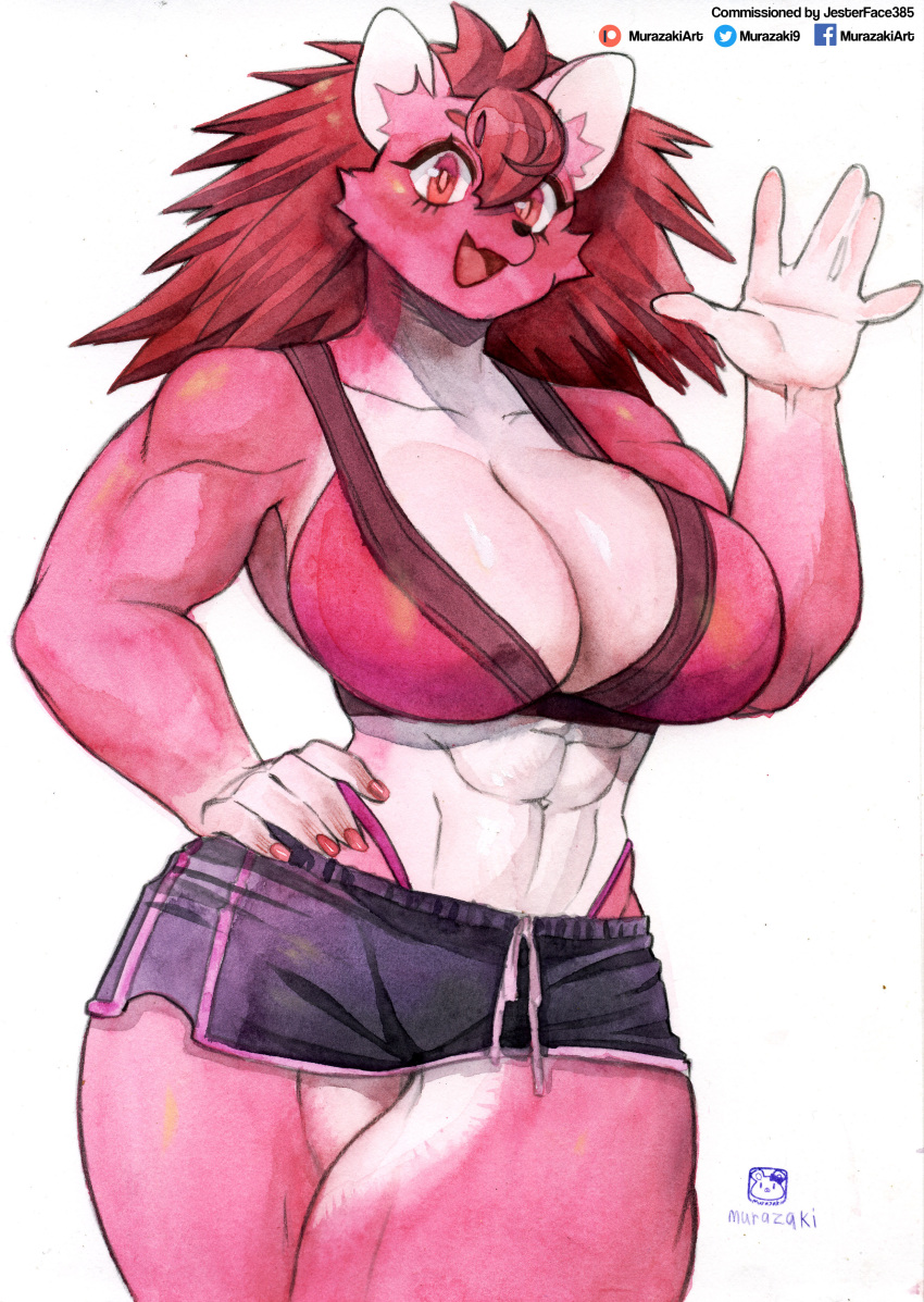 abs absurd_res anthro big_breasts bottomwear breasts cleavage clothed clothing fur hair hand_on_hip hi_res mammal murazaki pink_body pink_fur red_hair shorts thick_thighs