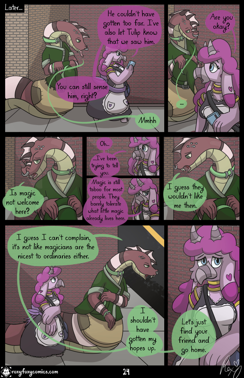 absurd_res anthro clothed clothing comic duo female hi_res hybrid magician male outside piercing reptile roxythefoxy sad scalie snake