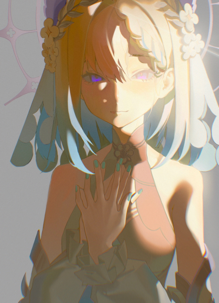 1girl bangs blonde_hair blue_nails braid detached_sleeves english_commentary enna_alouette flower grey_shirt hair_behind_ear hair_branch hair_flower hair_ornament halter_shirt halterneck hands_on_own_chest highres light_smile looking_at_viewer muted_color nijisanji nijisanji_en purple_eyes shirt smile solo veil virtual_youtuber xi_chang_hui_shui yellow_flower