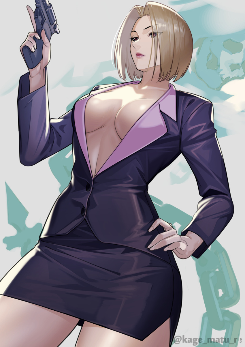 1girl absurdres bangs blonde_hair breasts brown_eyes center_opening chain cleavage collarbone gun highres hunter_x_hunter kagematsuri large_breasts long_sleeves pakunoda parted_bangs short_hair skeleton skirt solo thighs weapon