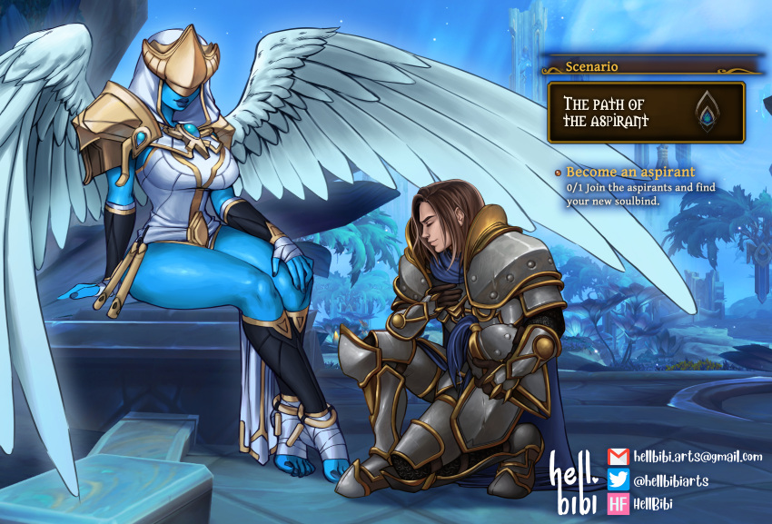 absurd_res armor blue_body blue_skin brown_hair clothed clothing detailed_background duo eyes_closed feathered_wings feathers female gameplay_mechanics hair hellbibi hi_res hidden_eyes human kneeling kyrian male mammal not_furry sequence text wings