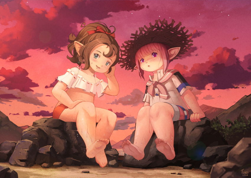 2girls bikini bow brown_hair crop_top crop_top_overhang evening feet final_fantasy final_fantasy_xiv hair_bow hat highres krile_mayer_baldesion_(ff14) lalafell looking_at_viewer multiple_girls pointy_ears ponytail sailor_collar sitting smile straw_hat swimsuit tataru_taru tenescross toes wet