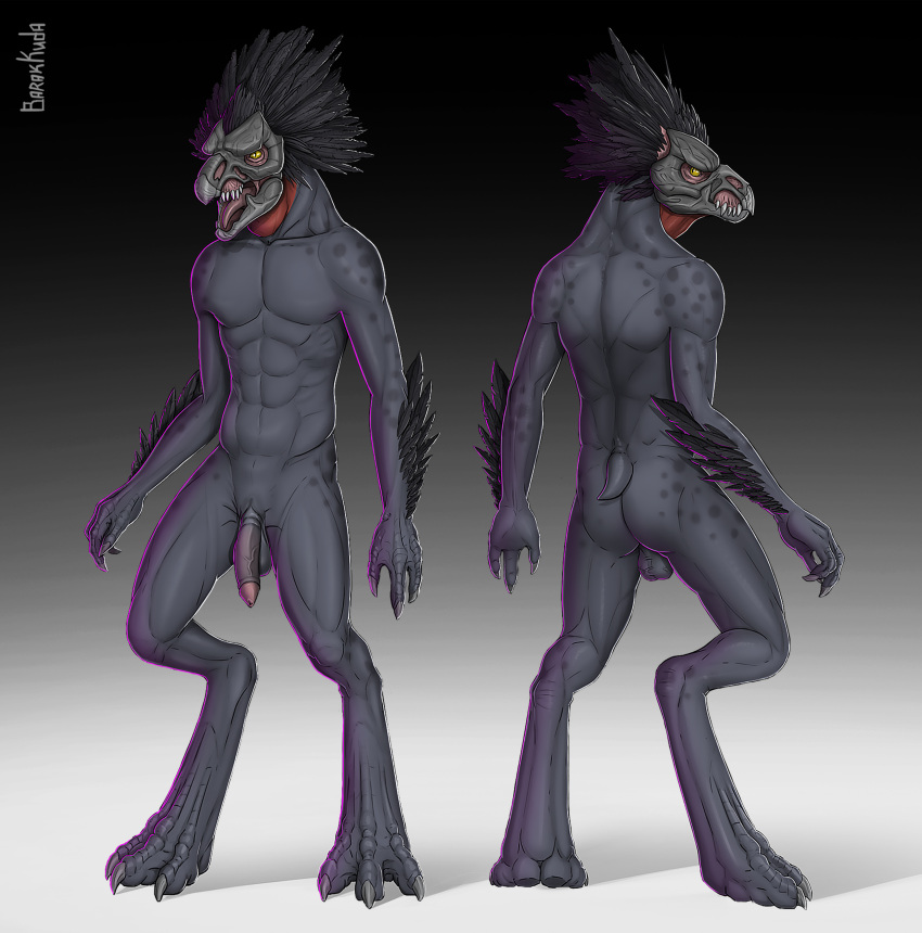 3_fingers 3_toes abs absurd_res alien alien_humanoid anthro arm_tuft avian backsack balls barakkuda beak black_body black_feathers butt claws colored digitigrade fangs feather_hair feather_tuft feathered_crest feathers feet finger_claws fingers flaccid front_view genitals glans glowing glowing_eyes grey_body grey_skin halo_(series) head_crest hi_res humanoid kig-yar looking_at_viewer looking_back looking_back_at_viewer male microsoft muscular muscular_anthro muscular_humanoid muscular_male nude open_mouth penis pseudo_hair pupils rear_view scales scalie shaded short_tail simple_background slit_pupils small_tail solo spots spotted_body spotted_skin standing t'vaoan tail teeth toe_claws toes tongue tuft unusual_anatomy unusual_genitalia unusual_penis xbox_game_studios yellow_eyes