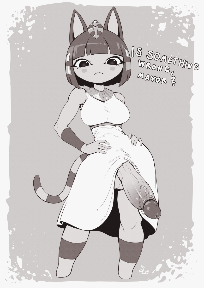 2022 absurd_res animal_crossing ankha_(animal_crossing) anthro balls big_penis clothed clothing crossgender dialogue digital_media_(artwork) domestic_cat english_text felid feline felis ftg_crossgender fti_crossgender genitals gynomorph hair hands_on_hips hi_res humanoid_genitalia humanoid_penis intersex looking_at_viewer mammal markings monochrome nintendo penis short_hair solo speedl00ver striped_markings striped_tail stripes tail tail_markings talking_to_viewer text uraeus vein