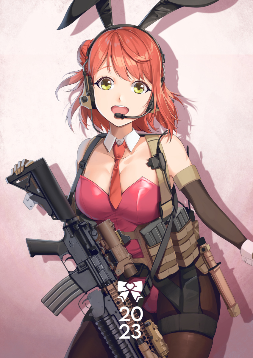 1girl :d animal_ears chinese_zodiac cowboy_shot detached_collar elbow_gloves gloves grenade_launcher headset highres hiroki_ree leotard looking_at_viewer love_live! love_live!_nijigasaki_high_school_idol_club m203 m4_sopmod_ii magazine_(weapon) necktie pantyhose pink_leotard playboy_bunny rabbit_ears smile tactical_playboy_bunny uehara_ayumu underbarrel_grenade_launcher weapon year_of_the_rabbit