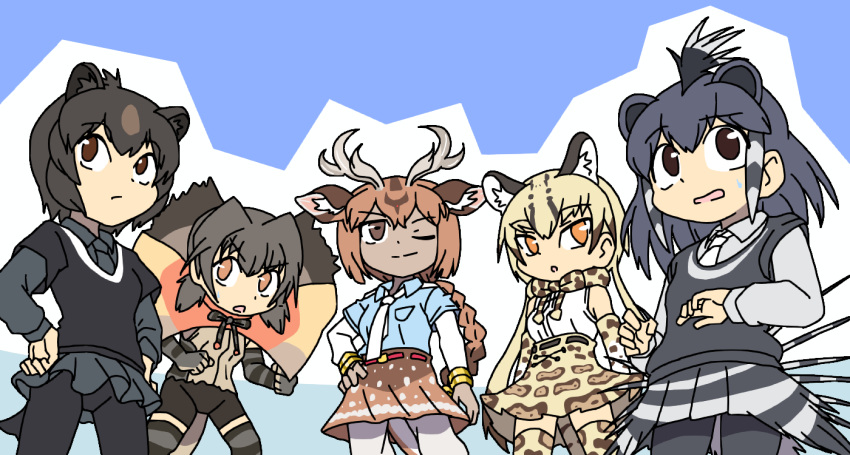 5girls :o ;) animal_ears animal_print antlers arm_at_side axis_deer_(kemono_friends) bangs bear_ears bike_shorts black_hair black_shirt blonde_hair blue_shirt bow bowtie braid braided_ponytail brown_eyes brown_hair chibi closed_mouth collared_shirt crested_porcupine_(kemono_friends) dark-skinned_female dark_skin deer_antlers deer_ears elbow_gloves extra_ears frilled_lizard_(kemono_friends) gloves grey_hair hand_on_hip hands_on_hips horizontal_pupils japanese_black_bear_(kemono_friends) kemono_friends layered_sleeves long_hair long_sleeves looking_up low_twintails multicolored_hair multiple_girls necktie ocelot_(kemono_friends) ocelot_print one_eye_closed orange_eyes pants pants_under_skirt pantyhose parted_lips porcupine_ears print_gloves print_skirt print_thighhighs shirt shirt_under_shirt short_over_long_sleeves short_sleeves shorts single_braid skirt sleeveless sleeveless_shirt smile spikes srd_(srdsrd01) standing sweater_vest tail thighhighs tsurime twintails v-shaped_eyebrows very_long_hair white_shirt wing_collar zettai_ryouiki