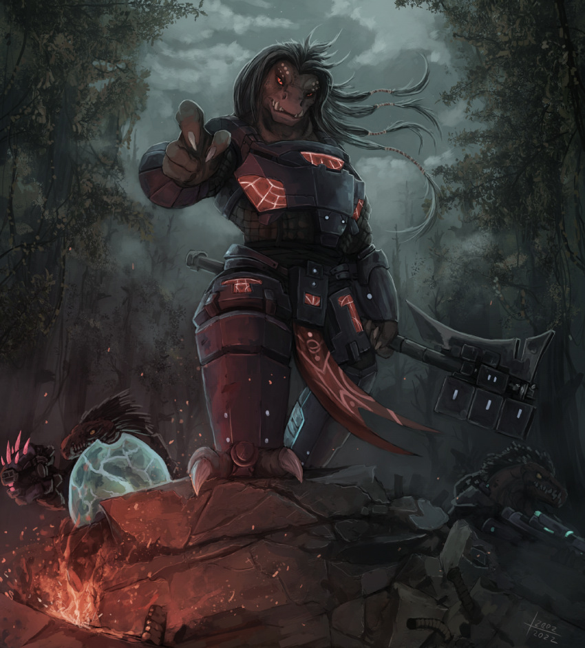 2_toes 3_fingers 4_fingers alien alien_humanoid ambiguous_gender anthro armor black_hair body_armor bottomwear claws clothed clothing codpiece colored cuirass energy_shield fangs feet female finger_claws fingers fire forest forest_background gesture gravity_hammer group gun hair halo_(series) head_crest hi_res holding_gun holding_melee_weapon holding_object holding_weapon humanoid ibie'shan izrez jiralhanae kig-yar loincloth long_hair looking_at_viewer low-angle_view melee_weapon microsoft nature nature_background needler perspective plant pointing pointing_at_viewer raised_leg ranged_weapon rubble scales scalie shaded sky spines standing teeth toes tree trio tusks weapon xbox_game_studios yellow_eyes