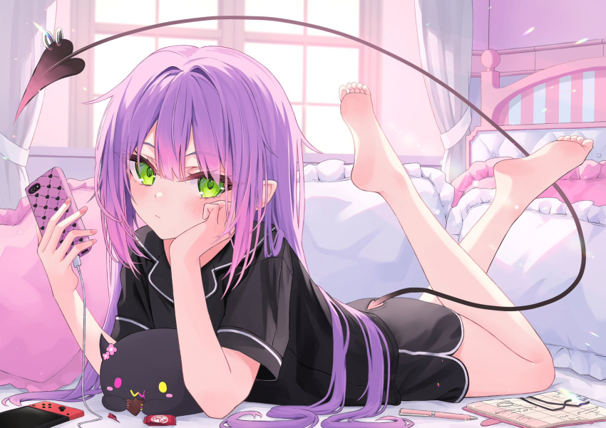 1girl 333shishishi333 bangs barefoot bed_sheet bedroom bibi_(tokoyami_towa) black_shirt black_shorts blurry blurry_background blush closed_mouth commentary_request demon_tail eyelashes feet feet_up full_body gradient_hair green_eyes hair_between_eyes hands_up head_rest highres holding hololive indoors legs looking_at_viewer lying multicolored_hair nail_polish nintendo_switch on_stomach pen pillow pink_hair pink_nails pointy_ears purple_hair shiny shiny_hair shirt shorts soles solo t-shirt tail tail_through_clothes the_pose toes tokoyami_towa virtual_youtuber