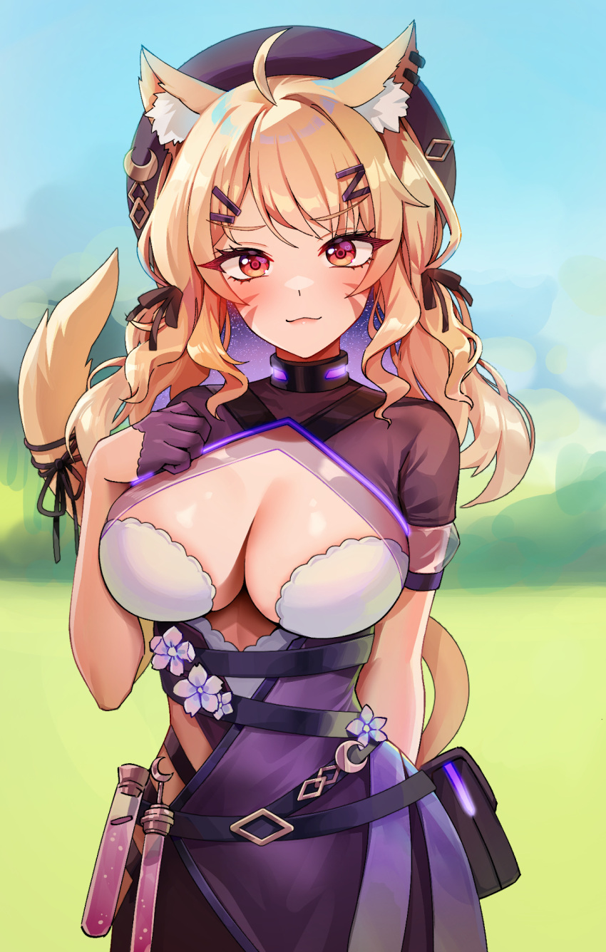 1girl ahoge animal_ear_fluff animal_ears arm_behind_back belt_pouch black_ribbon blonde_hair blurry blurry_background breasts closed_mouth commentary cowboy_shot day dress facial_mark flower foxyreine gloves hair_ornament hair_ribbon hairclip half_gloves hand_up hat highres large_breasts looking_at_viewer low_twintails outdoors pouch purple_dress ribbon shiny shiny_skin shyrei_faolan skindentation solo tail tail_ornament tail_ribbon test_tube twintails virtual_youtuber vyugen whisker_markings