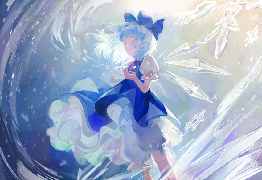 1girl absurdres blizzard bloomers blue_bow blue_dress blue_hair bow breedo cirno closed_eyes closed_mouth commentary dress feet_out_of_frame hands_up highres ice ice_wings medium_hair neck_ribbon puffy_short_sleeves puffy_sleeves red_ribbon ribbon shirt short_sleeves snowflakes solo symbol-only_commentary touhou underwear white_bloomers white_shirt wings
